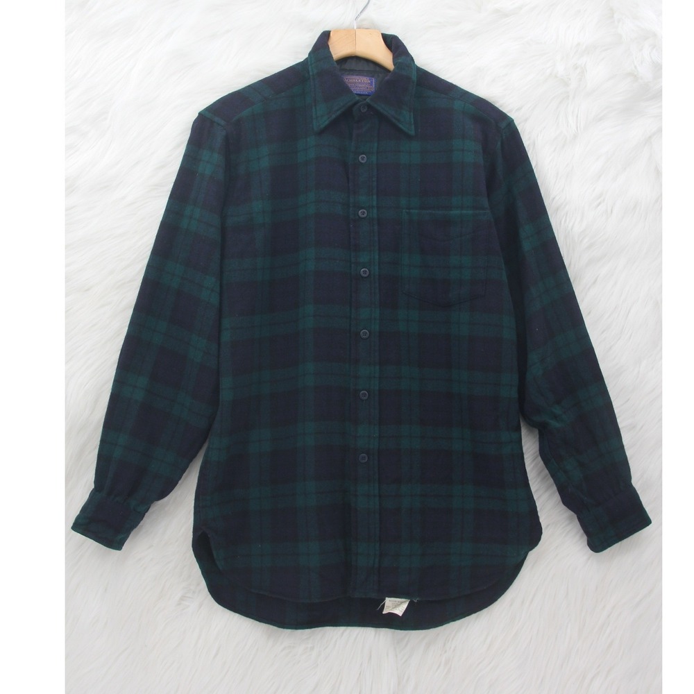 Vintage Pendleton Virgin Wool Flannel Shirt Mens M Black Watch Tartan Plaid USA